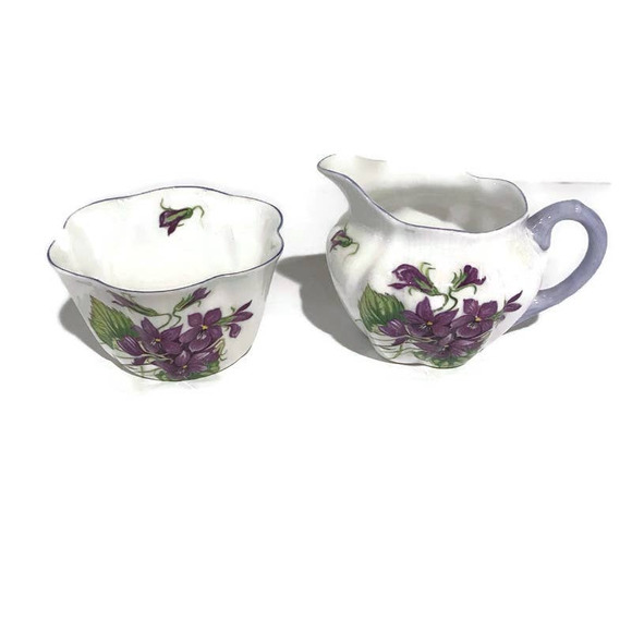 Shelley England Fine Bone China Violets 13821 Creamer and Sugar - Picture 1 of 11